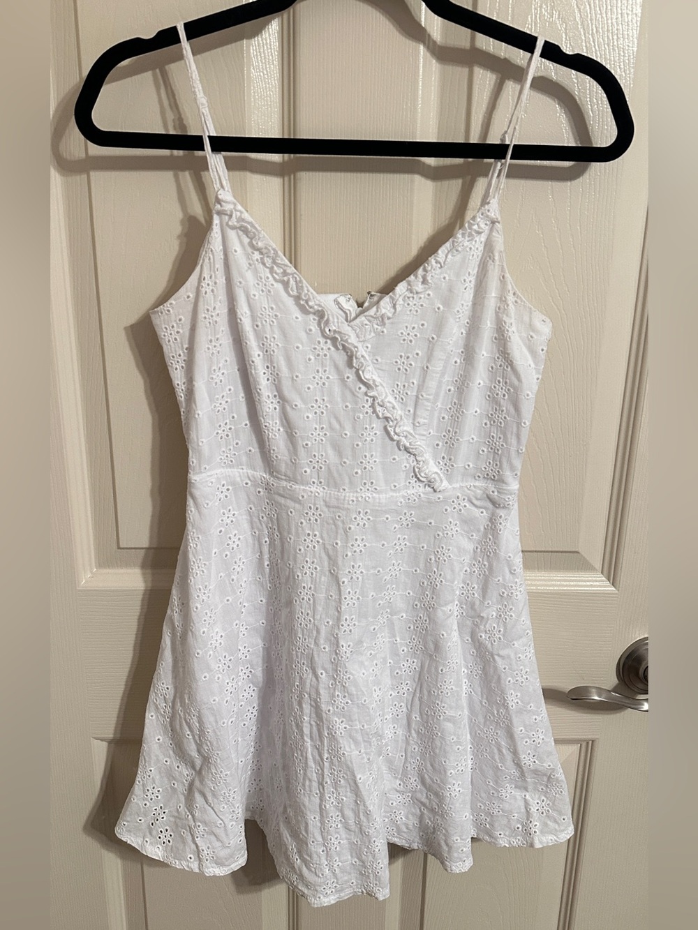 Altar'd State Floral Eyelet & Ruffle Wrap Front V-Neck Mini Dress, White, Sz S